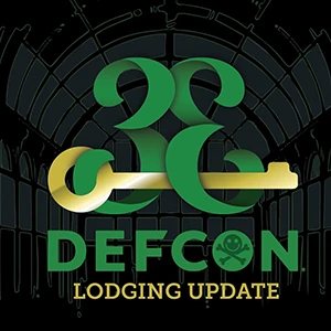 DEF CON 33 logo with lodging update underneath